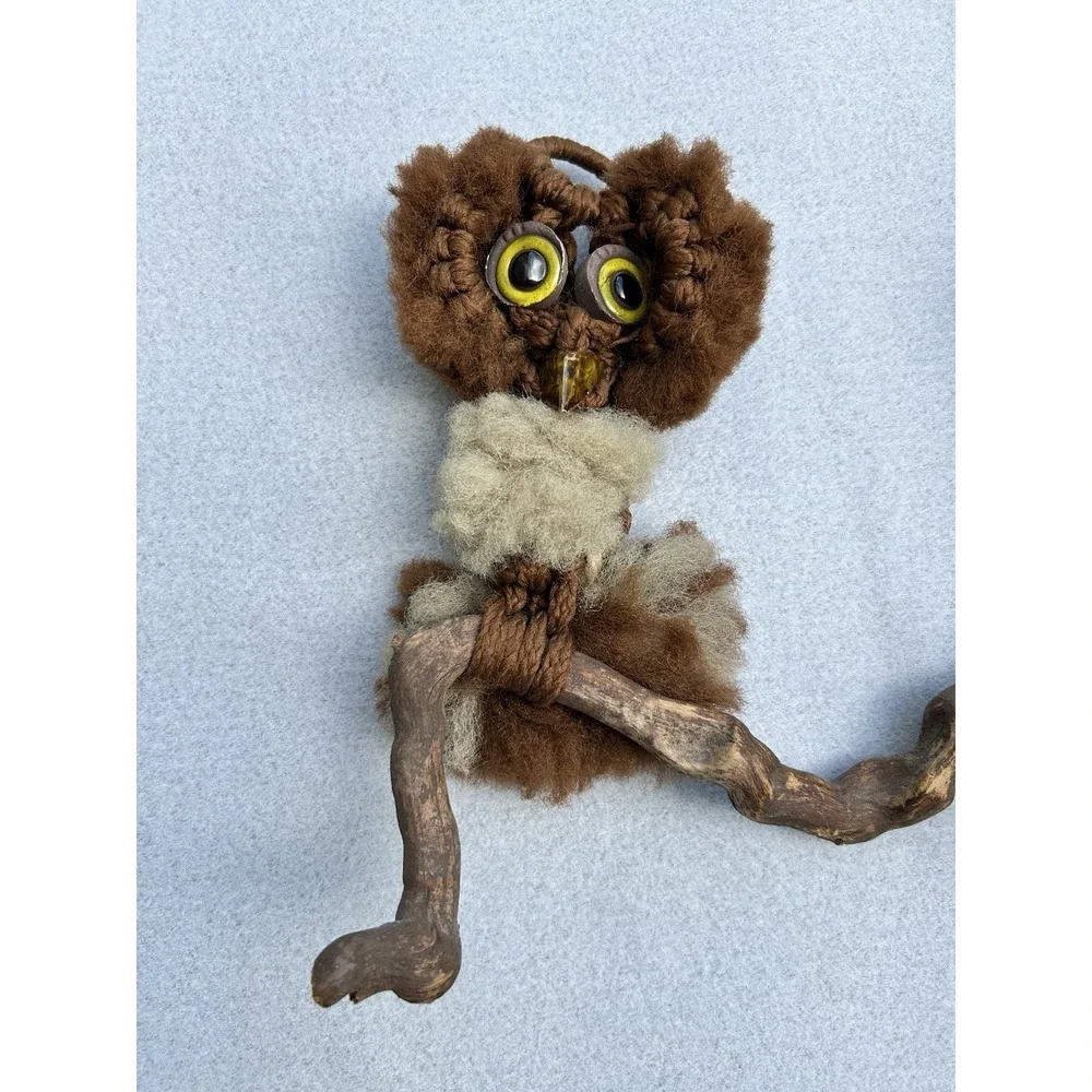 VTG Macrame Owls Perched on Wood Wall Hanging Wood Fluffy 70's MCM Brown